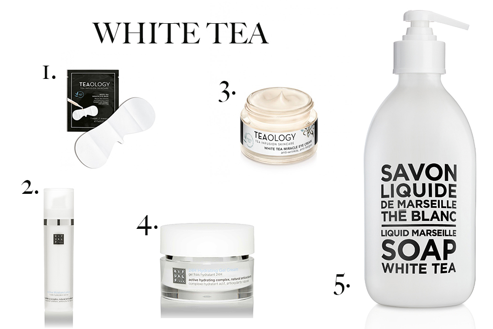 1. Oční maska, Teaology 2. Hydratační pleťový lotion, Rituals, 695 Kč 3. Oční krém, Teaology 4. Hydratační gelový krém, Rituals, 770 Kč 5. Tekuté Marseillské mýdlo, Demdaco.cz, 400 Kč bily caj