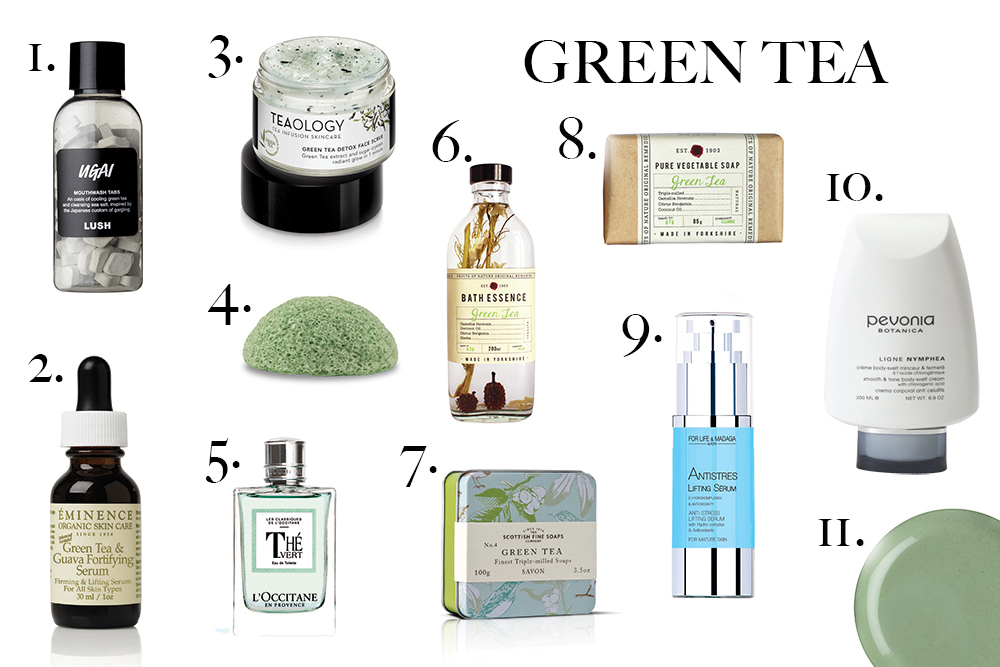 1. Ústní voda v tabletách, Lush, 275 Kč 2. Zpevňující sérum, Éminence Organics 3. Obličejový peeling, Teaology 4. Masážní houbička Erborian z asijské rostlinky KonJac, v síti parfumerií Marrionaud, 249 Kč 5. EDT Thé Vert/ 75 ml, L’Occitanne, 1490 Kč 6. Koupelová esence, Fikkerts, Demdaco.cz, 401 Kč 7. Mýdlo v plechu, Scottish Fine Soaps, Demdaco.cz, 208 Kč 8. Hydratační mýdlo, Fikkerts, Demdaco.cz, 99 Kč 9. Antistres Lifting Sérum, For Life & Madaga, 497 Kč 10. Vyhlazující anticelulitidní krém, Pevonia Botanica, 1425 Kč 11. Želé maska na obličej, Lush, 279 Kč zeleny caj