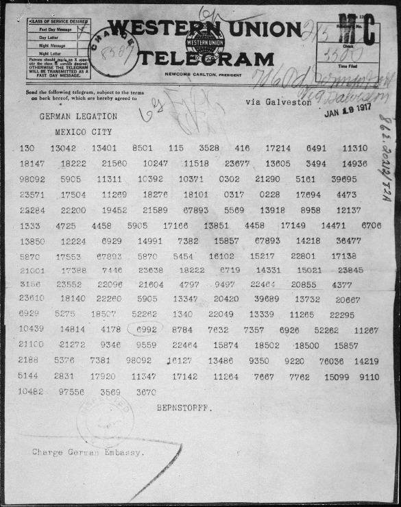 Zimmermannův telegram. (zdroj: Wikimedia Commons) m zimmermann telegram as received by the german ambassador to mexico nara 302025 1