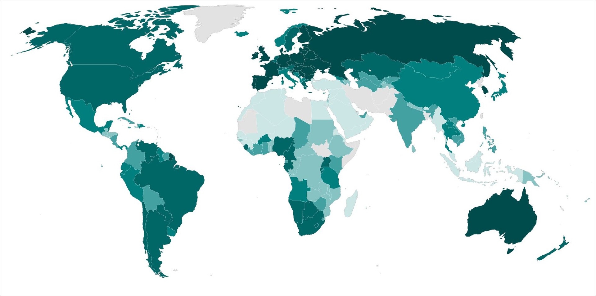 Globální spotřeba alkoholu na hlavu. Čím tmavější, tím víc se pije. Česko je skoro černé. mapa sveta spotreba
