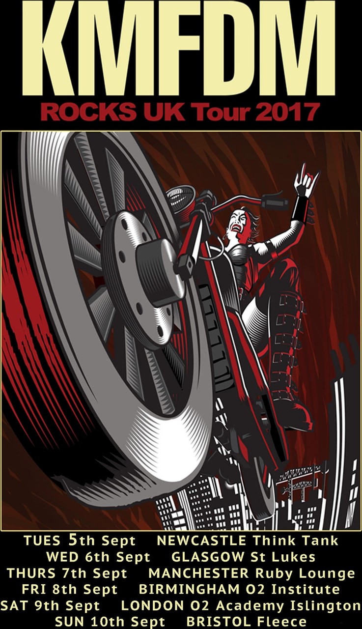KMFDM a plakát na jejich předloňské turné. Autor: Aidan Hughes. aidan 2017uktour