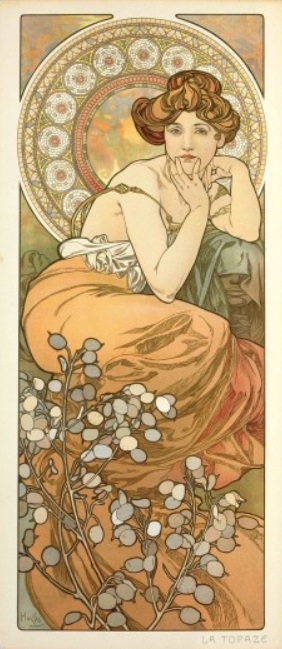 Alfons Mucha: Drahokamy: Topas (1900). Zdroj: Nadační fond Richarda Fuxy drahokamy topas 1900