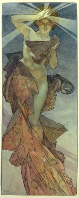 Alfons Mucha: Měsíc a hvězdy – návrh pro dekorativní panó „Jitřenka“ (1902). Zdroj: Nadační fond Richarda Fuxy theatre1