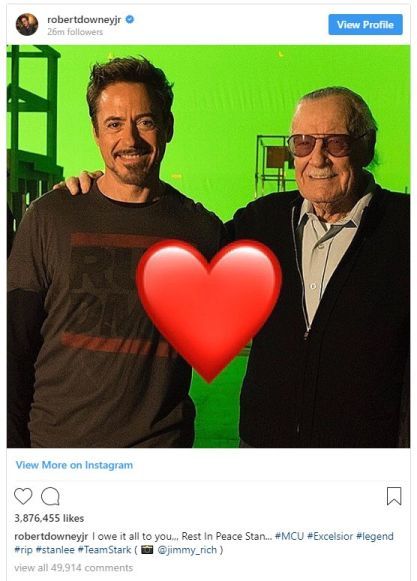 "Za všechno vděčím tobě. Odpočívej v pokoji..." napsal na svůj Twitter filmový představitel Ironmana, Robert Downey Jr. downey small