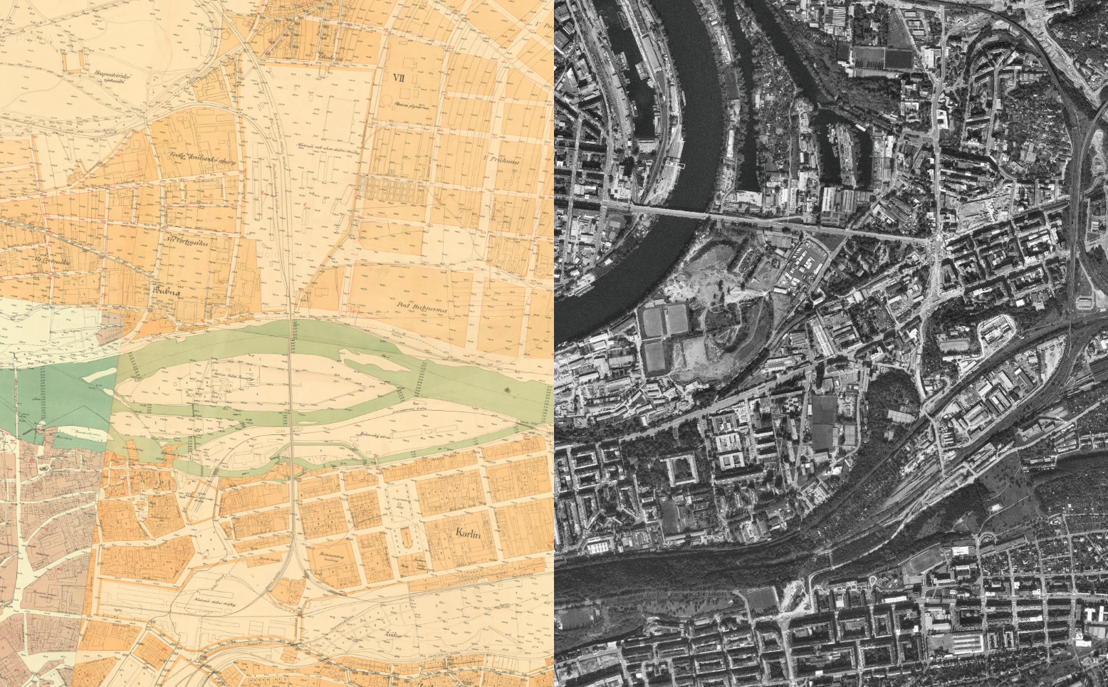 Jak se měnilo koryto Vltavy a podoba území dnešního Karlína? Srovnání map z roku 1889 a 1989 Jak se měnilo koryto Vltavy a podoba území dnešního Karlína? Srovnání map z roku 1889 a 1989