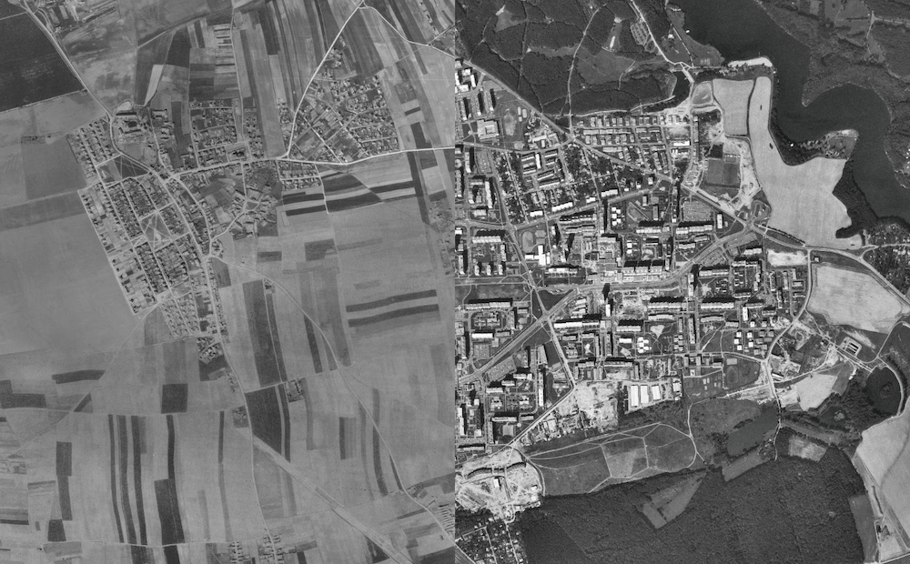 Srovnávací snímek Jižního Města, mapy z roku 1945 a 1989 Srovnávací snímek Jižního města, mapy z roku 1945 a 1989.